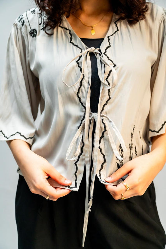 Light Grey Embroidered Tie Up Top