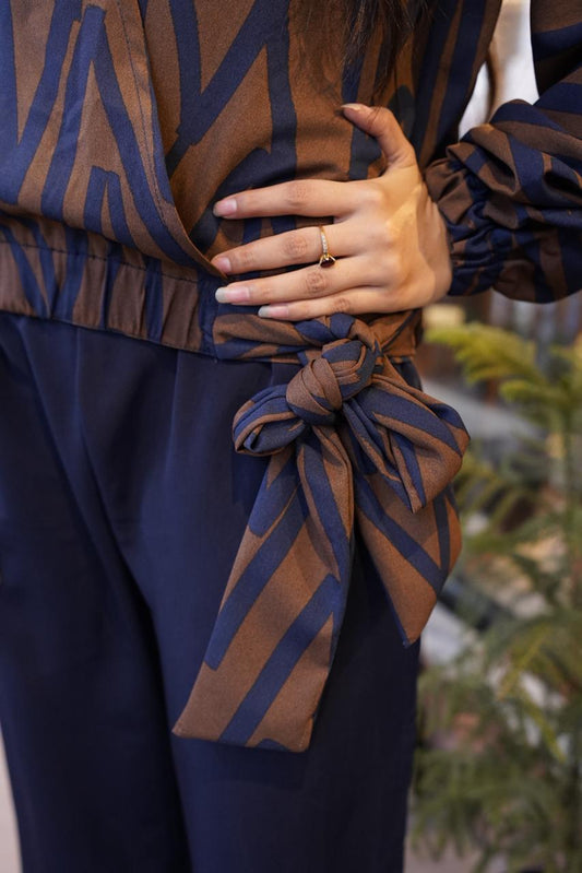 Brown & Navy Wrap Top