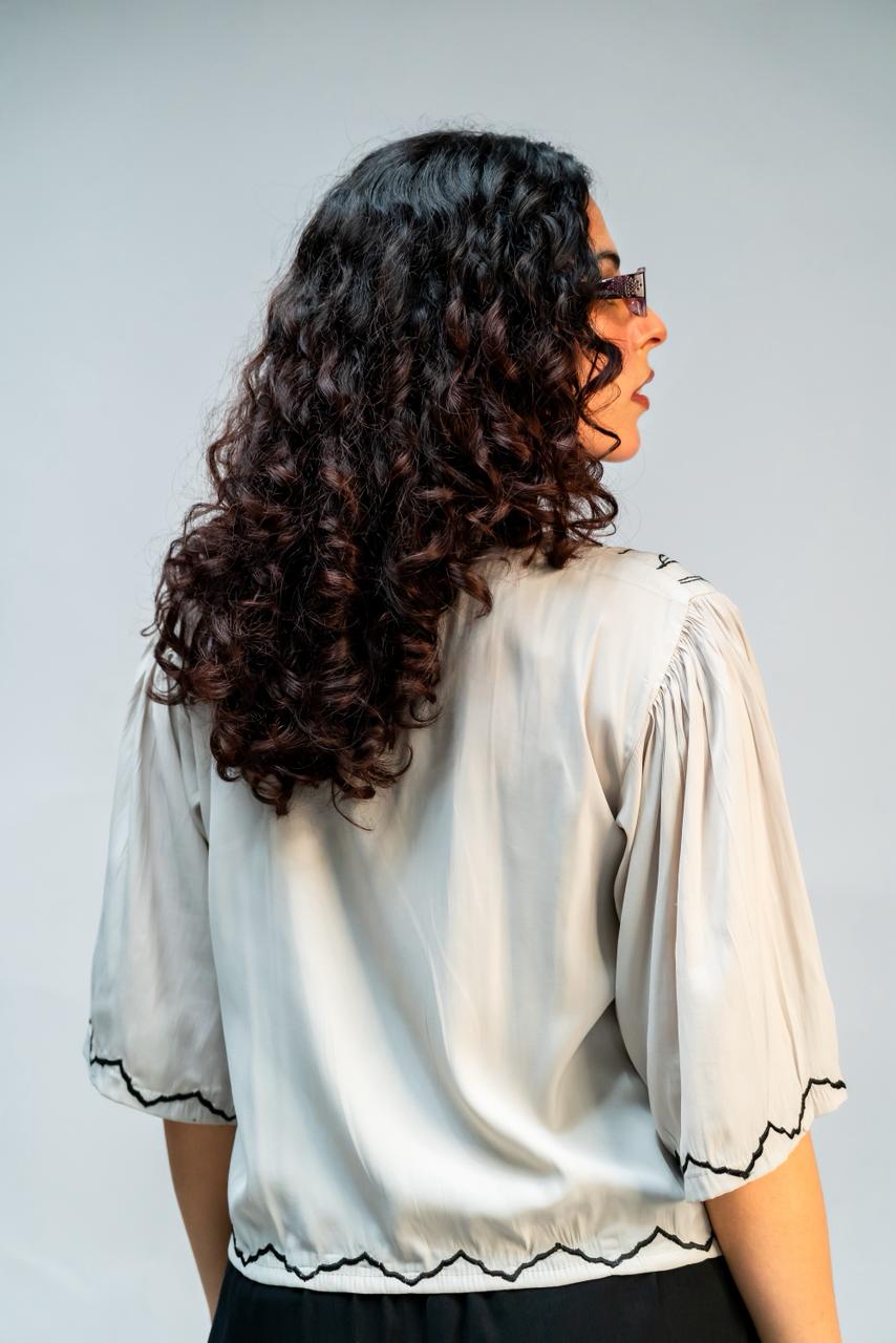 Light Grey Embroidered Tie Up Top