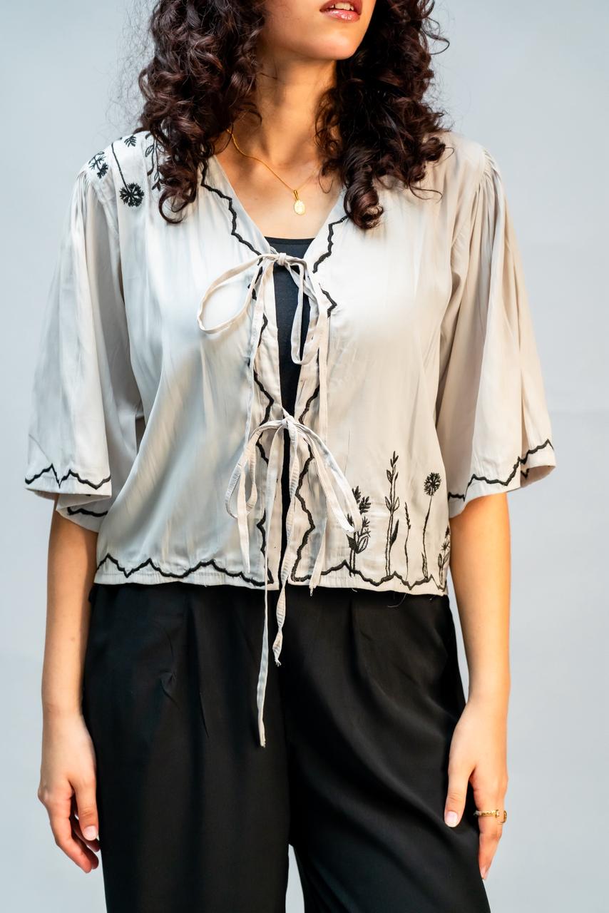 Light Grey Embroidered Tie Up Top