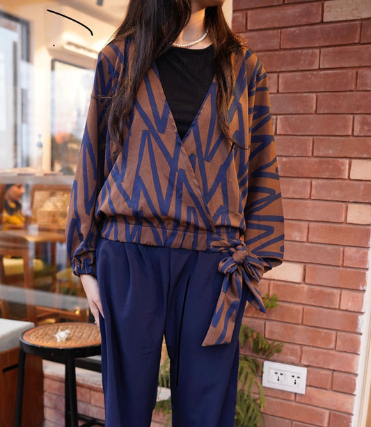 Brown & Navy Wrap Top