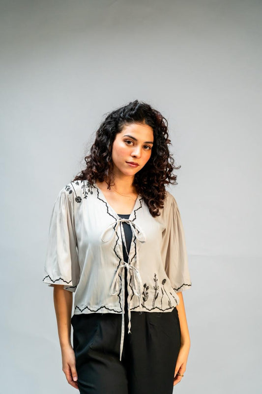 Light Grey Embroidered Tie Up Top